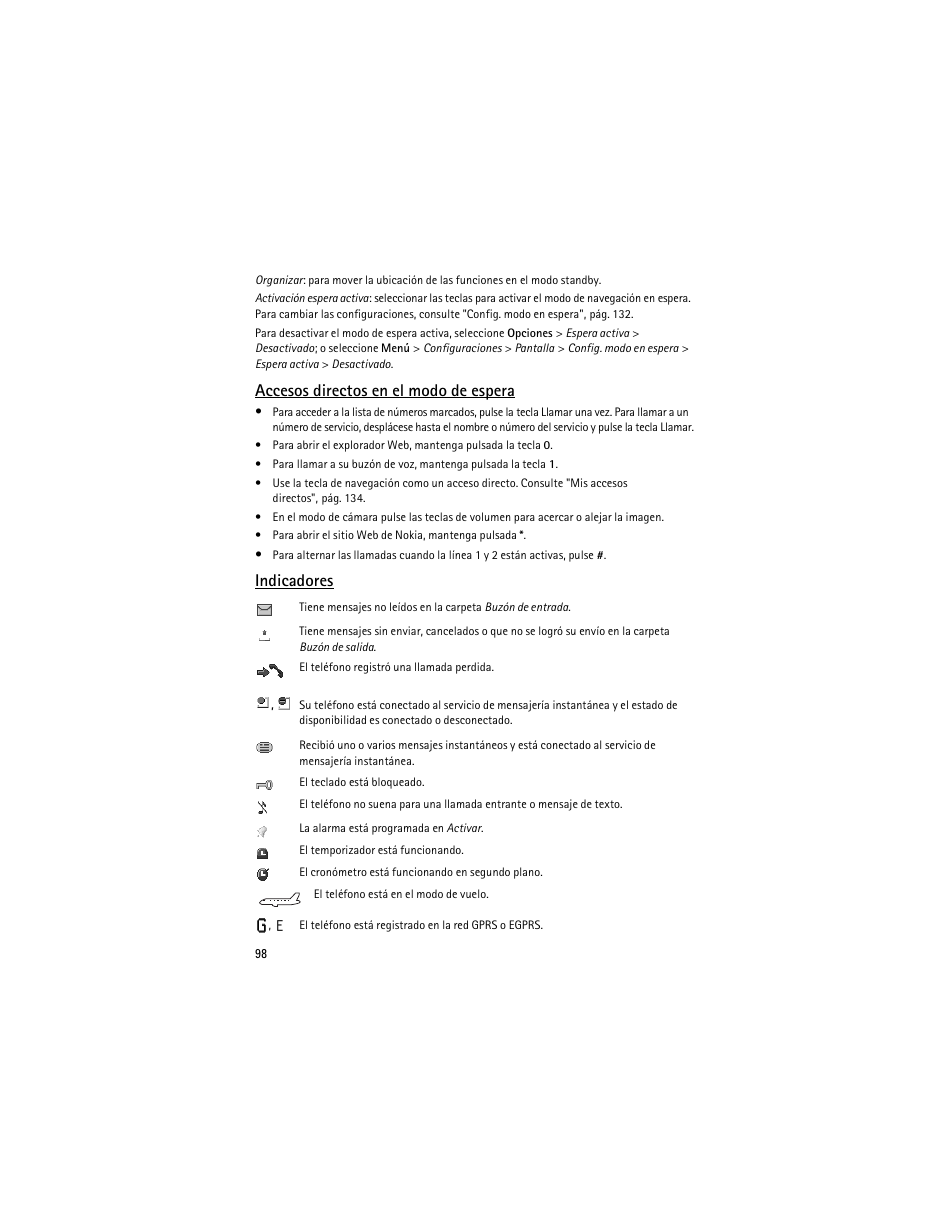 Accesos directos en el modo de espera, Indicadores | Nokia 8600 Luna User Manual | Page 131 / 201