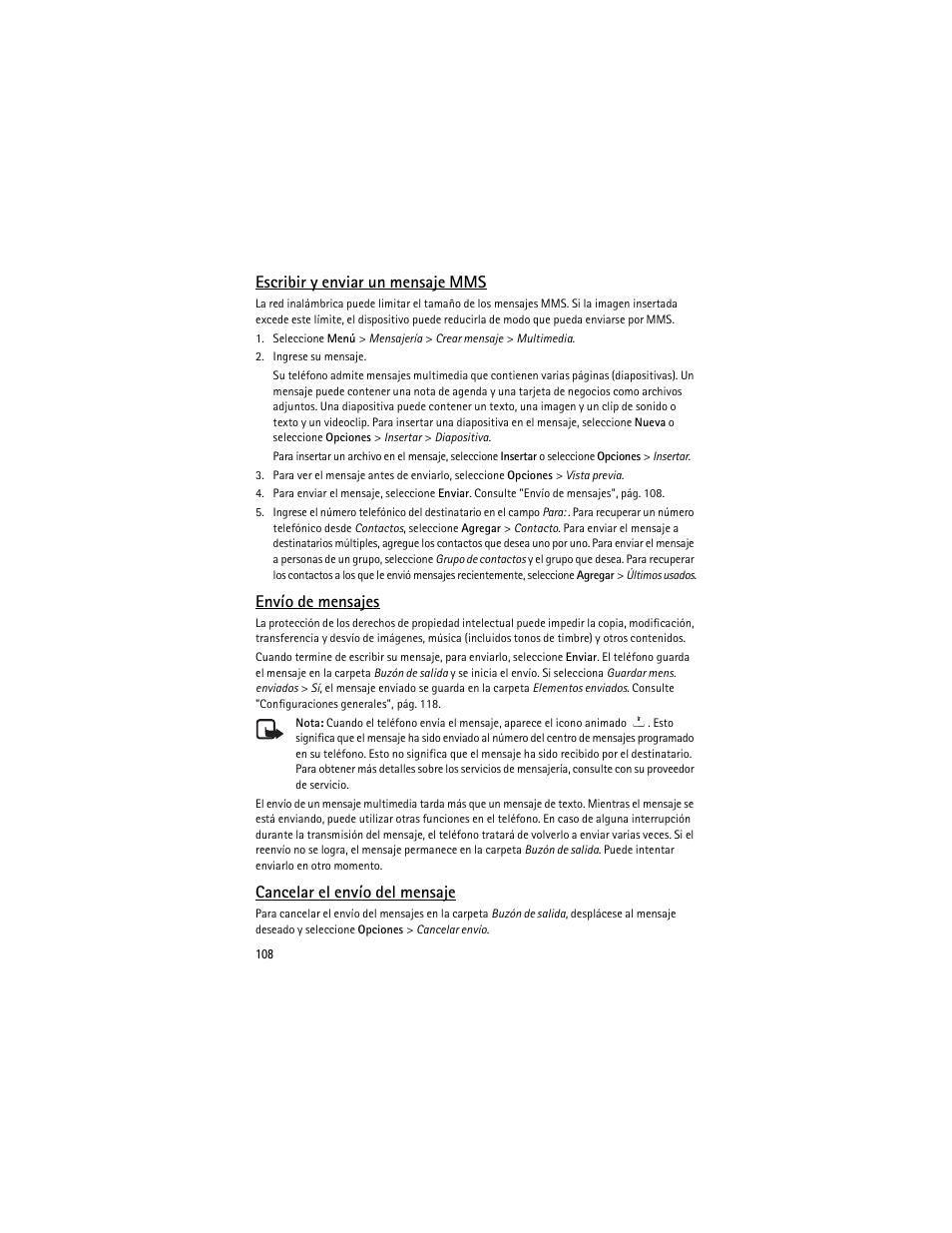 Envío de mensajes, Pбg. 108, Escribir y enviar un mensaje mms | Cancelar el envío del mensaje | Nokia 8600 Luna User Manual | Page 141 / 201