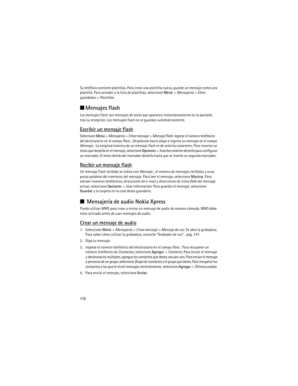 Mensajería de audio nokia xpress", pág. 110, Mensajes flash, Mensajería de audio nokia xpress | Nokia 8600 Luna User Manual | Page 143 / 201