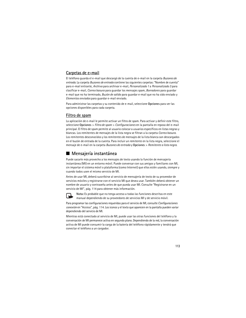 Mensajería instantánea", pág. 113, Mensajería instantánea, Carpetas de e-mail | Filtro de spam | Nokia 8600 Luna User Manual | Page 146 / 201