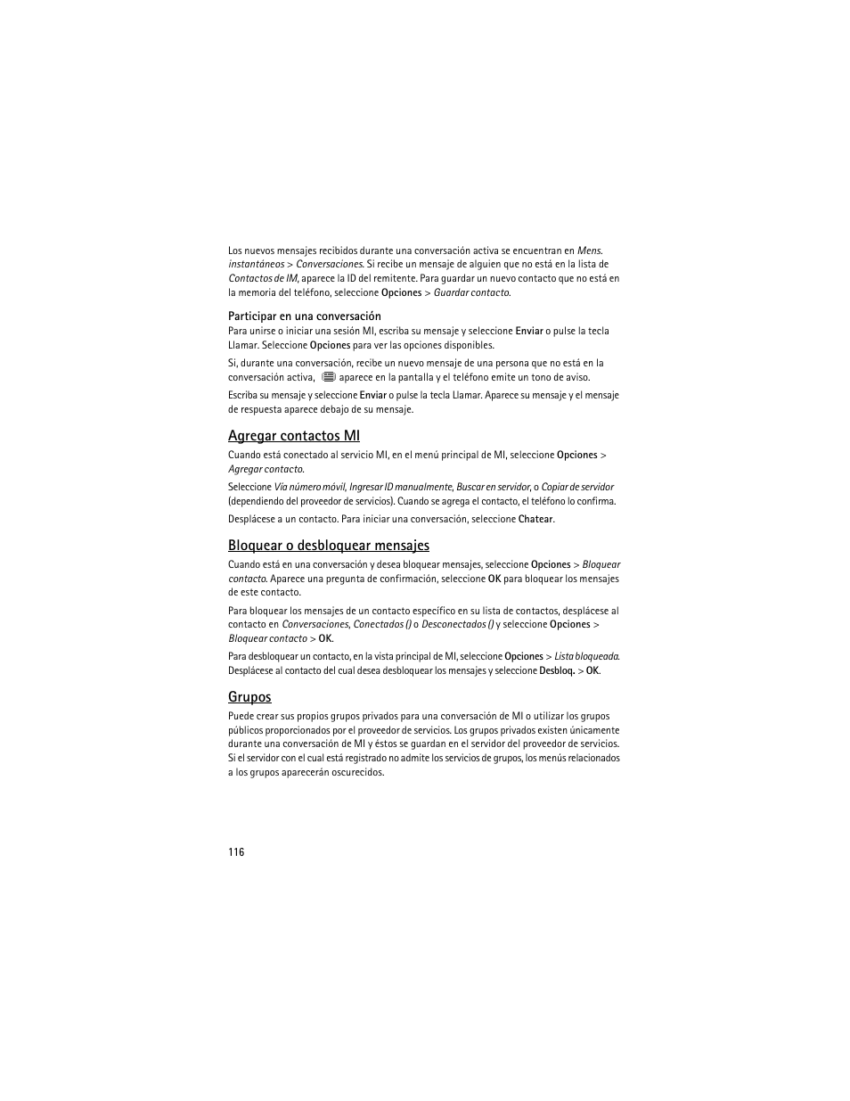 Agregar contactos mi, Bloquear o desbloquear mensajes, Grupos | Nokia 8600 Luna User Manual | Page 149 / 201