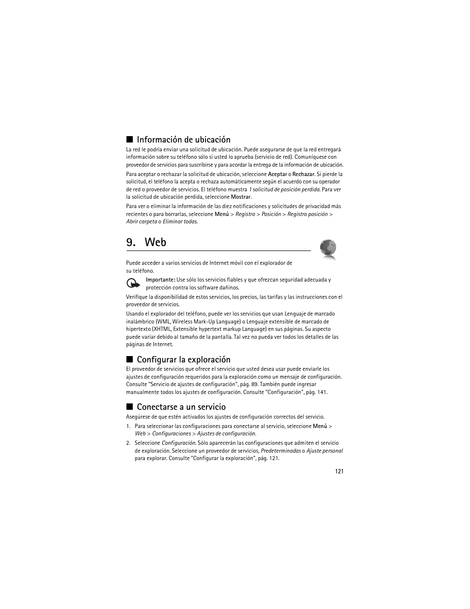 Información de ubicación, Configurar la exploración, Conectarse a un servicio | Nokia 8600 Luna User Manual | Page 154 / 201