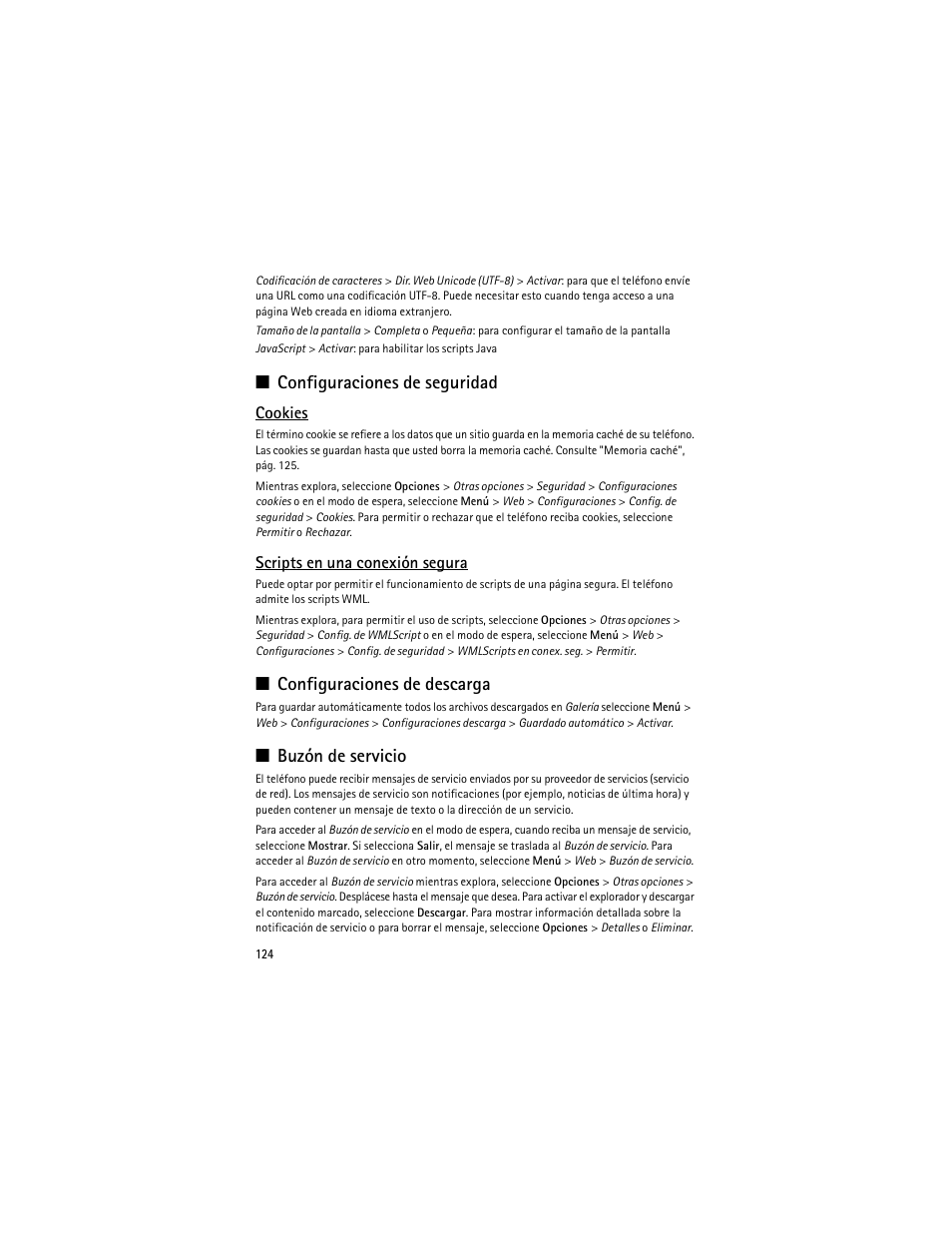 Configuraciones de seguridad, Configuraciones de descarga, Buzón de servicio | Nokia 8600 Luna User Manual | Page 157 / 201