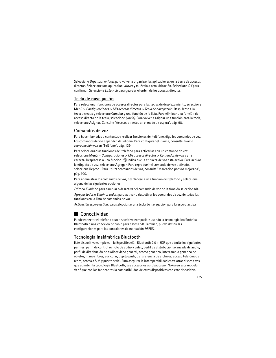 Comandos de voz", pág. 135, Conectividad, Tecla de navegación | Comandos de voz, Tecnología inalámbrica bluetooth | Nokia 8600 Luna User Manual | Page 168 / 201