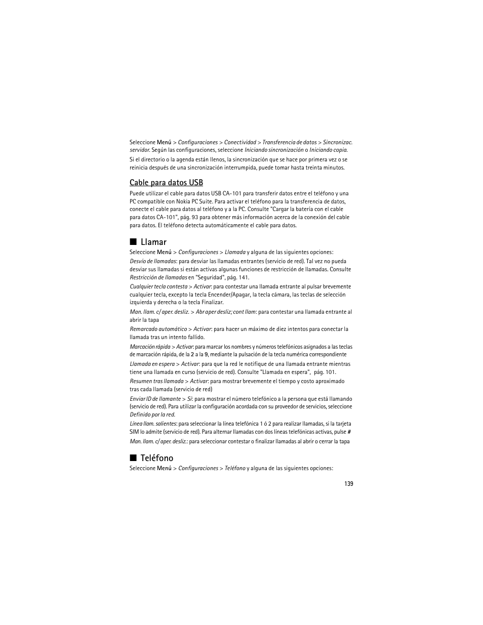 Cable para datos usb", pág. 139, Llamar", pág. 139, Teléfono", pág. 139 | Llamar, Teléfono, Cable para datos usb | Nokia 8600 Luna User Manual | Page 172 / 201