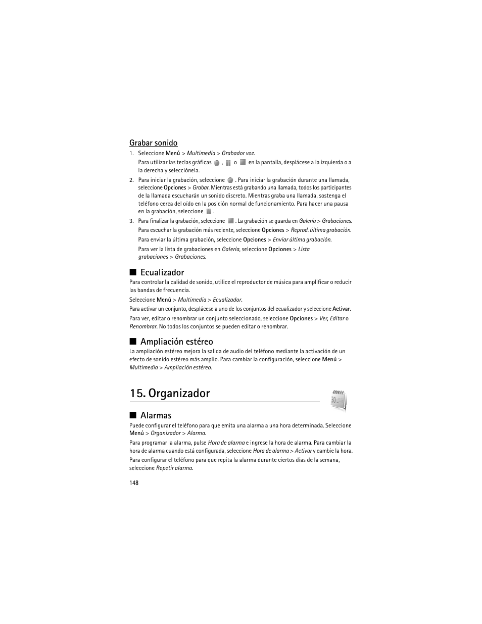 Organizador, Ecualizador, Ampliación estéreo | Alarmas, Grabar sonido | Nokia 8600 Luna User Manual | Page 181 / 201