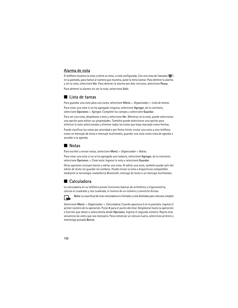 Lista de tareas, Notas, Calculadora | Alarma de nota | Nokia 8600 Luna User Manual | Page 183 / 201