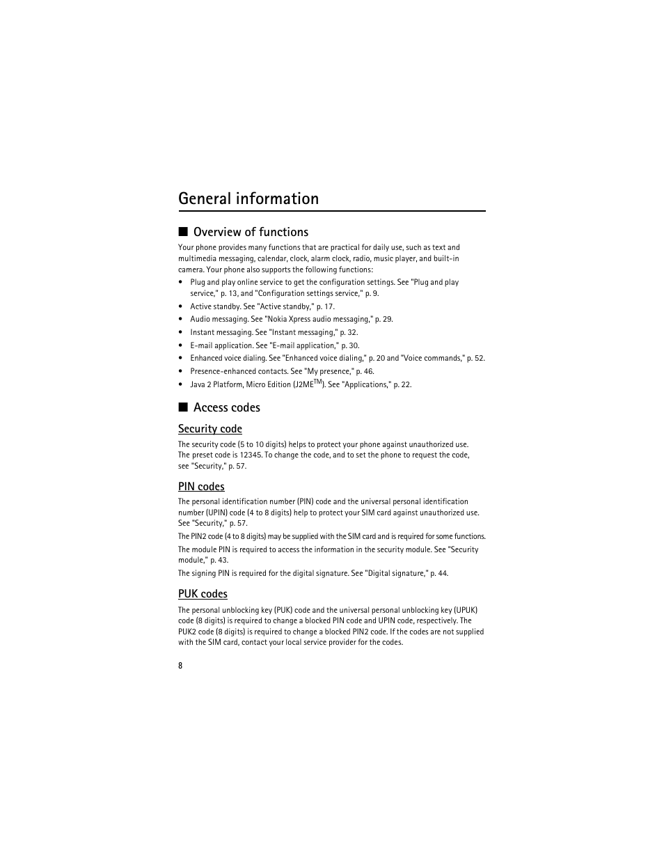 General information, Overview of functions, Access codes | Security code, Pin codes, Puk codes | Nokia 8600 Luna User Manual | Page 41 / 201