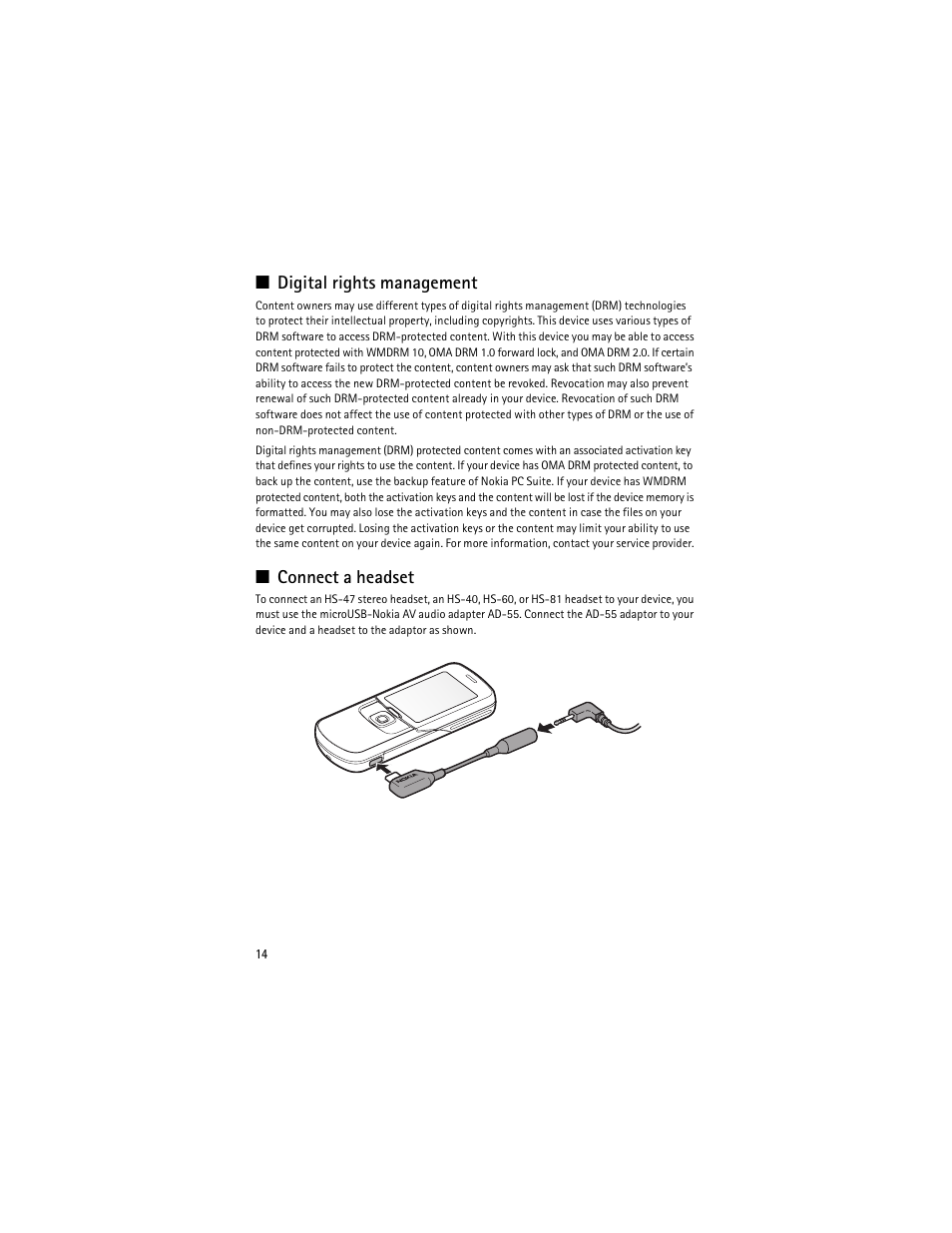 Digital rights management, Connect a headset | Nokia 8600 Luna User Manual | Page 47 / 201