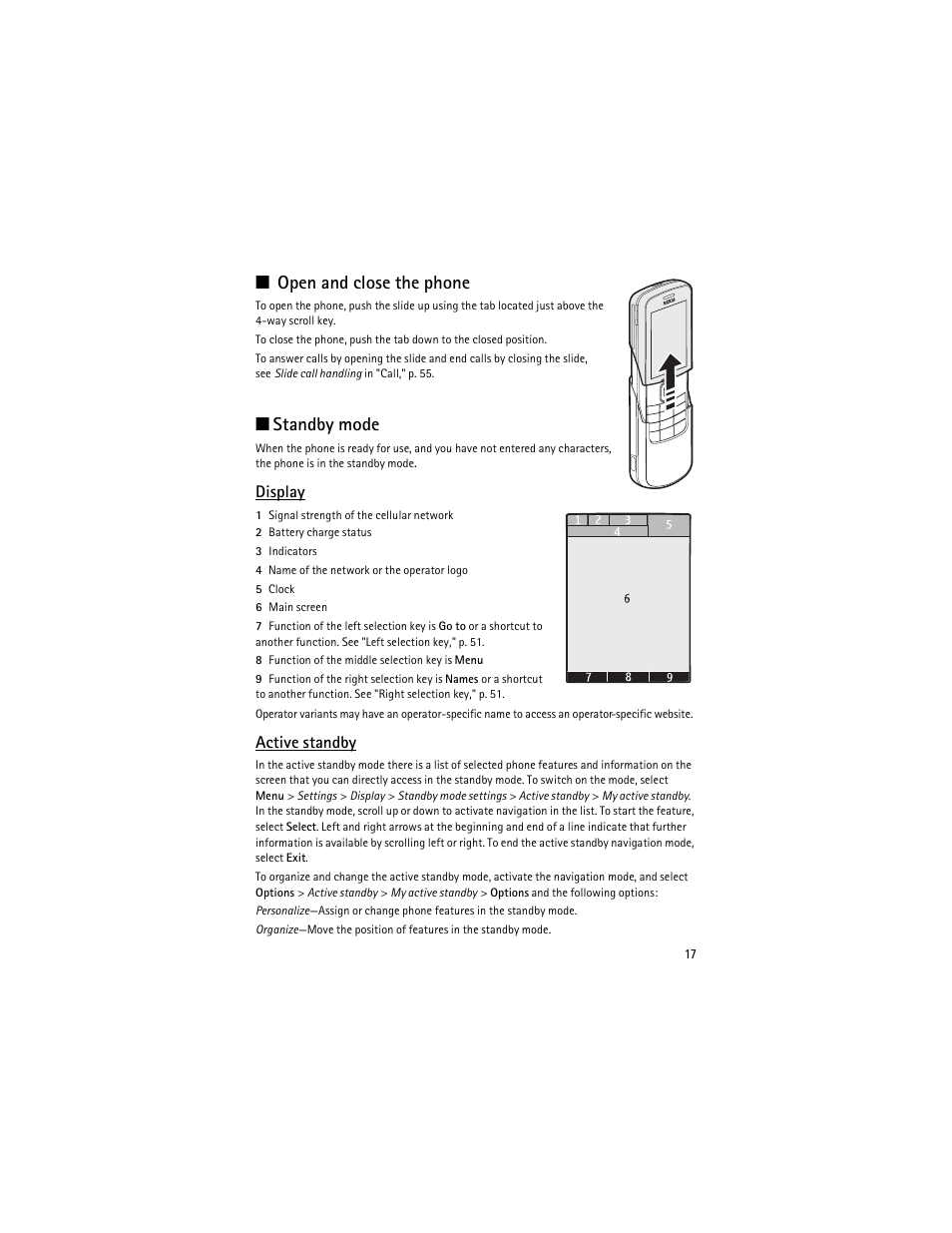 Active standby," p. 17, Open and close the phone, Standby mode | Display, Active standby | Nokia 8600 Luna User Manual | Page 50 / 201