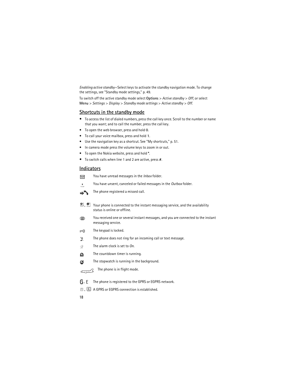 Shortcuts in the standby mode, Indicators | Nokia 8600 Luna User Manual | Page 51 / 201