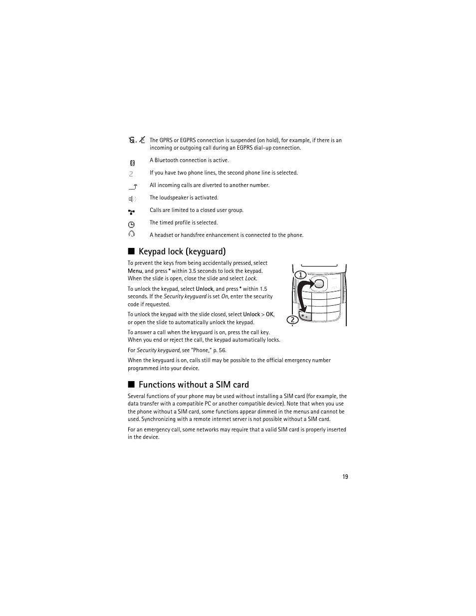 Keypad lock (keyguard), Functions without a sim card | Nokia 8600 Luna User Manual | Page 52 / 201