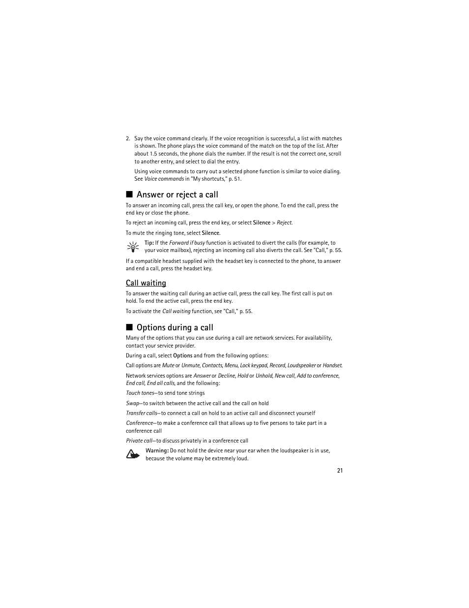 Answer or reject a call, Options during a call, Call waiting | Nokia 8600 Luna User Manual | Page 54 / 201