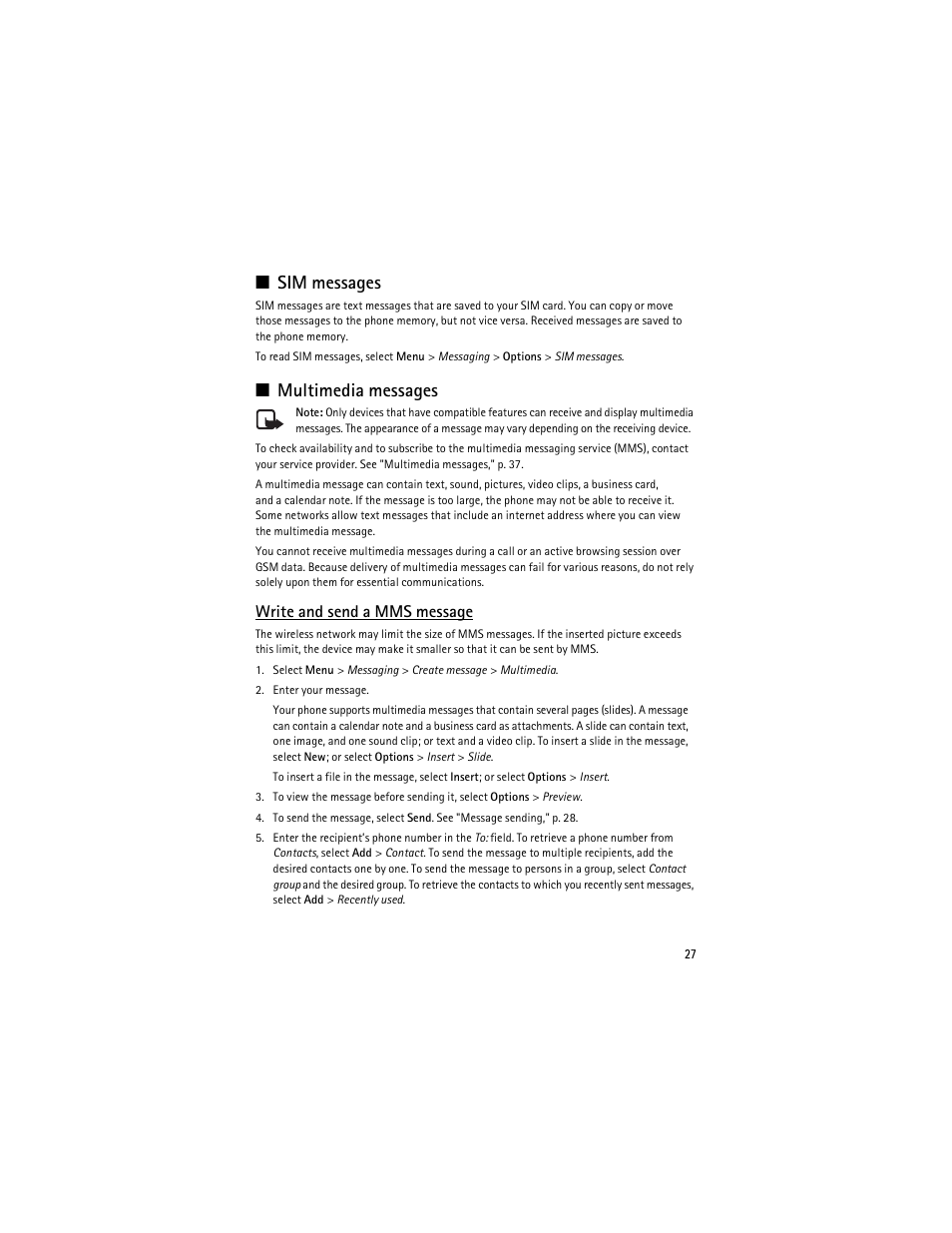 Sim messages, Multimedia messages, Write and send a mms message | Nokia 8600 Luna User Manual | Page 60 / 201