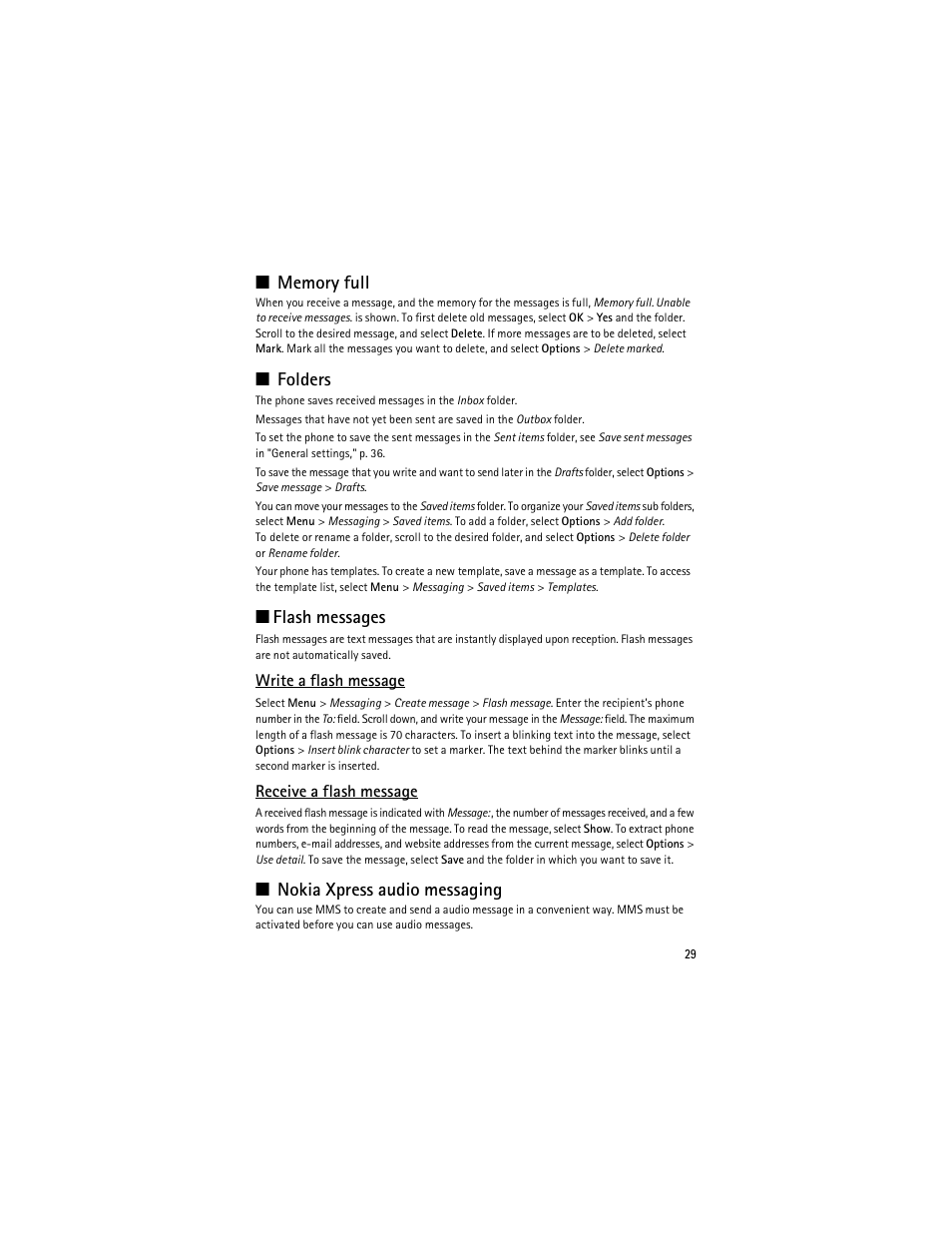 Nokia xpress audio messaging," p. 29, Folders, Flash messages | Nokia xpress audio messaging | Nokia 8600 Luna User Manual | Page 62 / 201