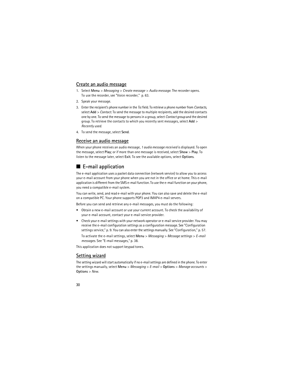 E-mail application," p. 30, E-mail application, Create an audio message | Receive an audio message, Setting wizard | Nokia 8600 Luna User Manual | Page 63 / 201