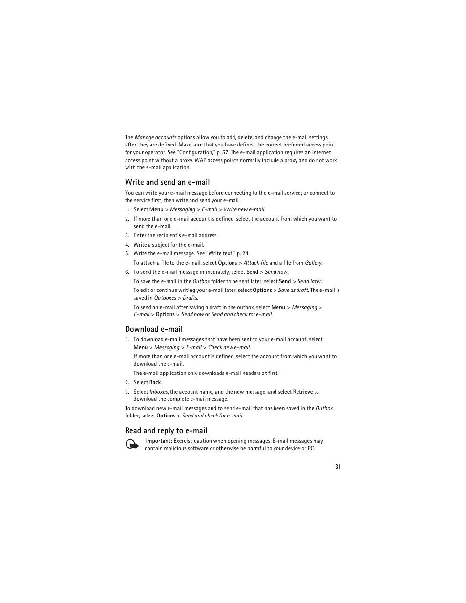 Write and send an e-mail, Download e-mail, Read and reply to e-mail | Nokia 8600 Luna User Manual | Page 64 / 201