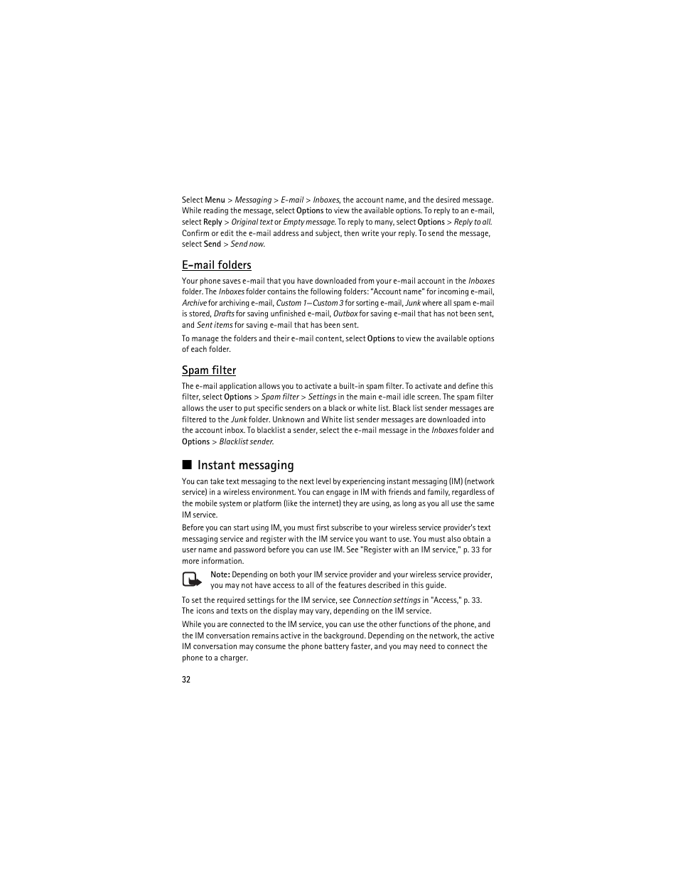 E "instant messaging," p. 32, Instant messaging, E-mail folders | Spam filter | Nokia 8600 Luna User Manual | Page 65 / 201