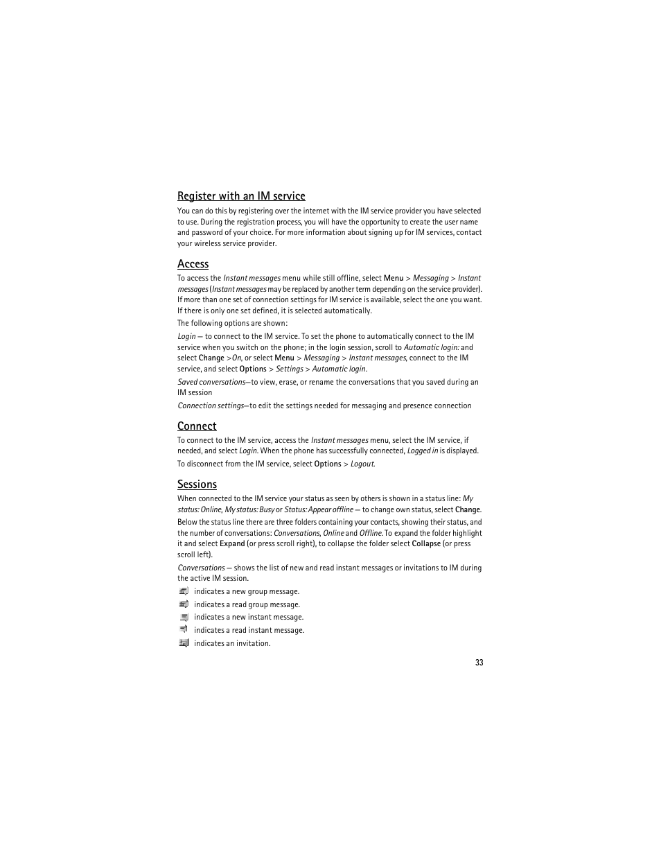 Register with an im service, Access, Connect | Sessions | Nokia 8600 Luna User Manual | Page 66 / 201
