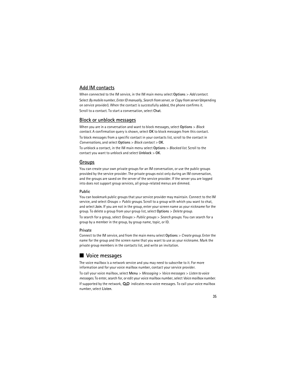 Voice messages, Add im contacts, Block or unblock messages | Groups | Nokia 8600 Luna User Manual | Page 68 / 201