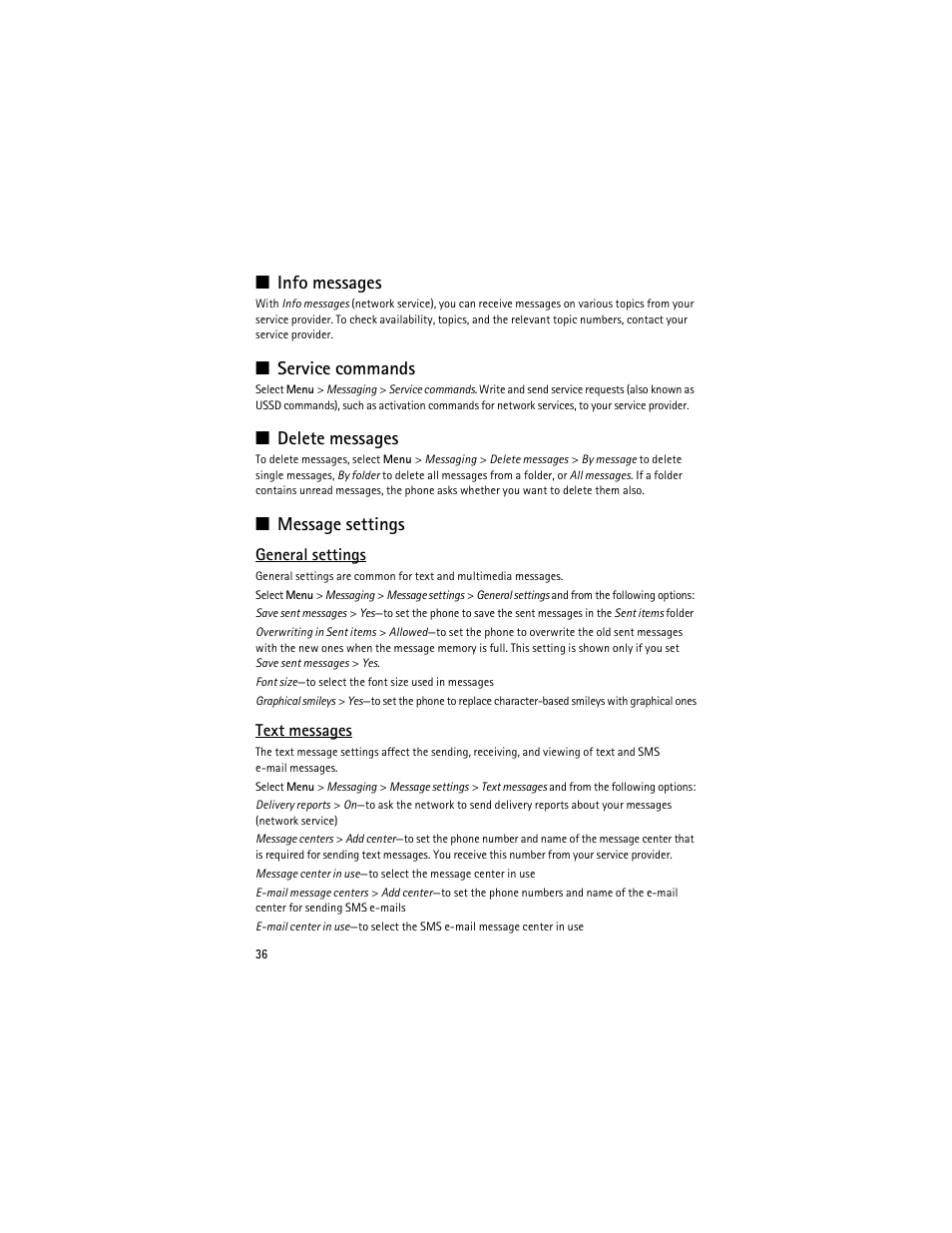 Info messages, Service commands, Delete messages | Message settings | Nokia 8600 Luna User Manual | Page 69 / 201