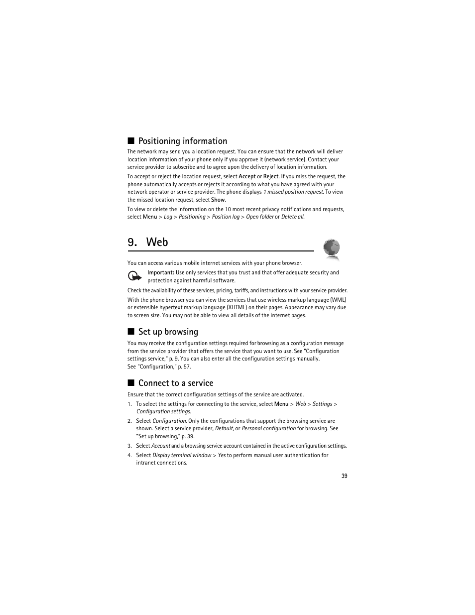 Positioning information, Set up browsing, Connect to a service | Nokia 8600 Luna User Manual | Page 72 / 201