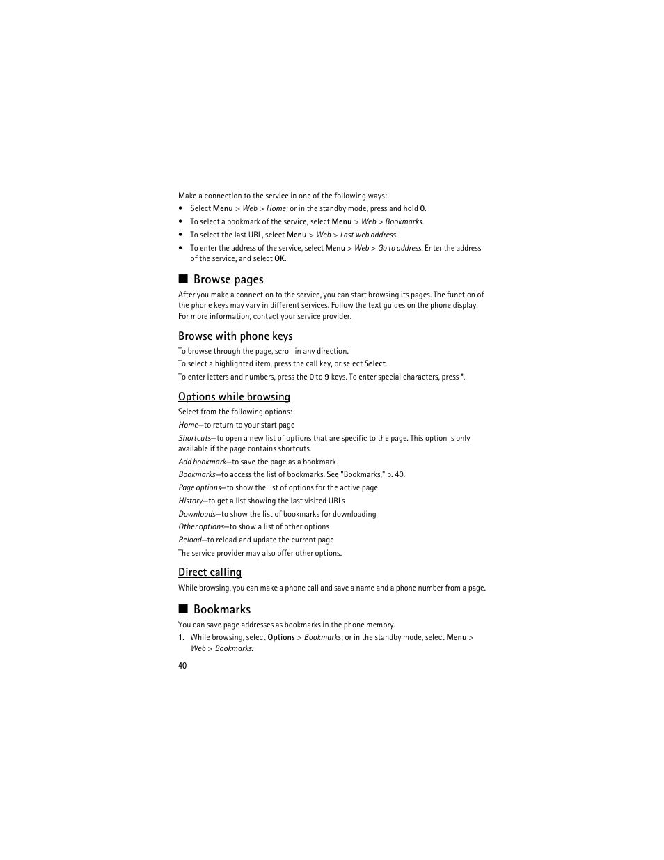 Browse pages, Bookmarks, Browse with phone keys | Options while browsing, Direct calling | Nokia 8600 Luna User Manual | Page 73 / 201