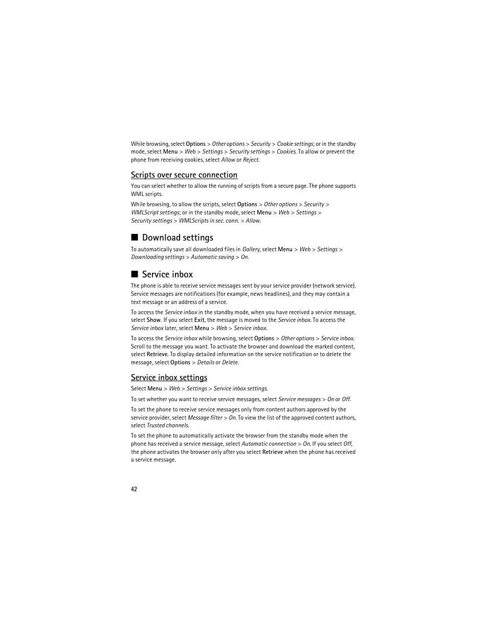 Download settings, Service inbox, Scripts over secure connection | Service inbox settings | Nokia 8600 Luna User Manual | Page 75 / 201