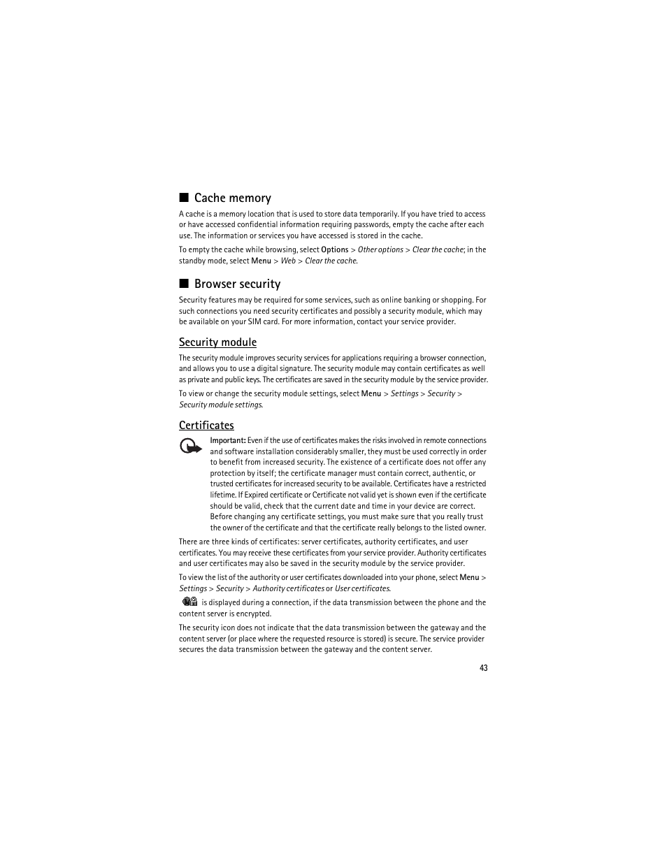 Security module," p. 43, Browser security, Security module | Certificates | Nokia 8600 Luna User Manual | Page 76 / 201