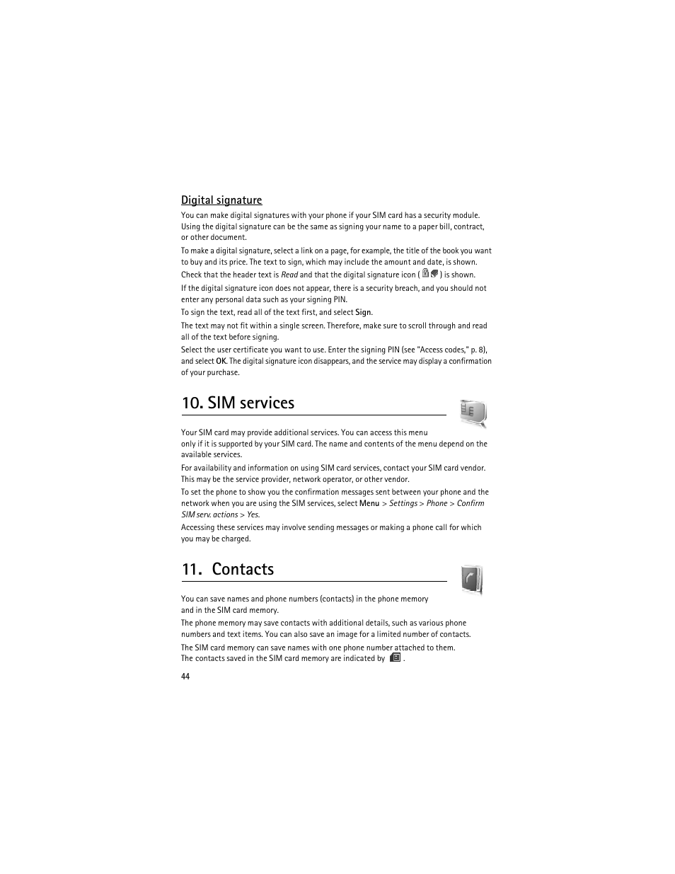 Sim services, Contacts, Digital signature," p. 44 | Nokia 8600 Luna User Manual | Page 77 / 201