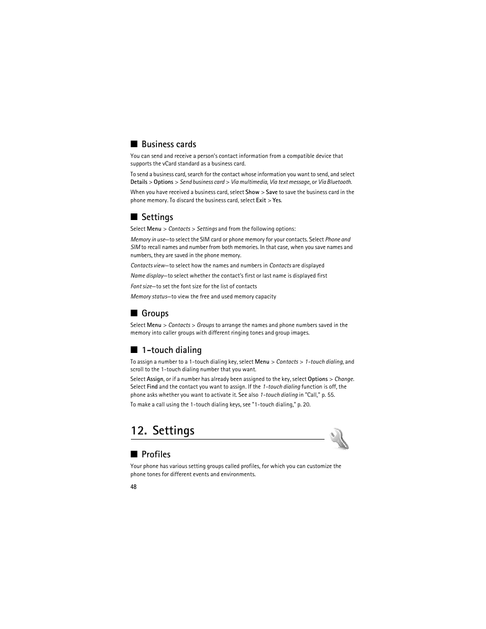 Settings, Touch dialing," p. 48, Business cards | Groups, Touch dialing, Profiles | Nokia 8600 Luna User Manual | Page 81 / 201