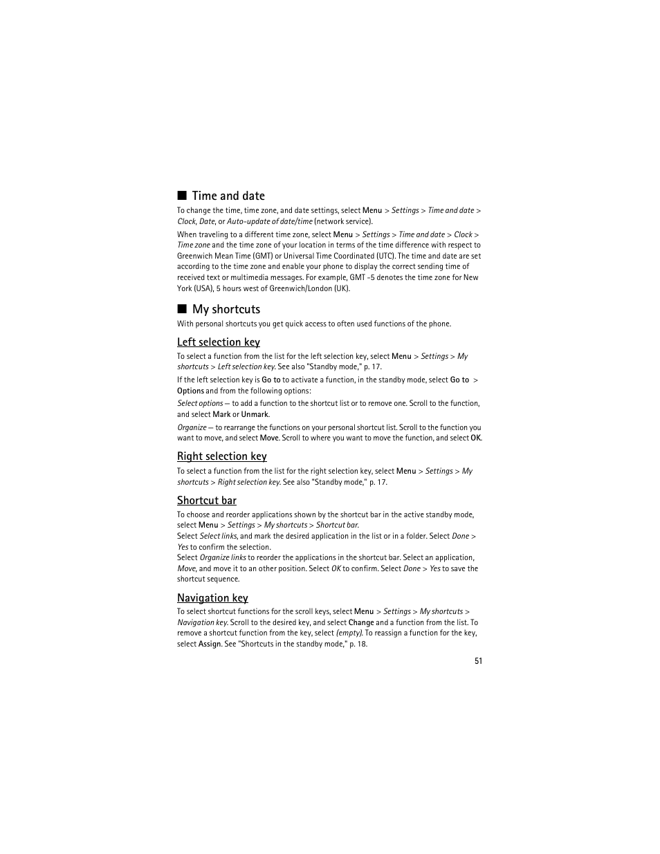 Time and date," p. 51, Time and date, My shortcuts | Nokia 8600 Luna User Manual | Page 84 / 201