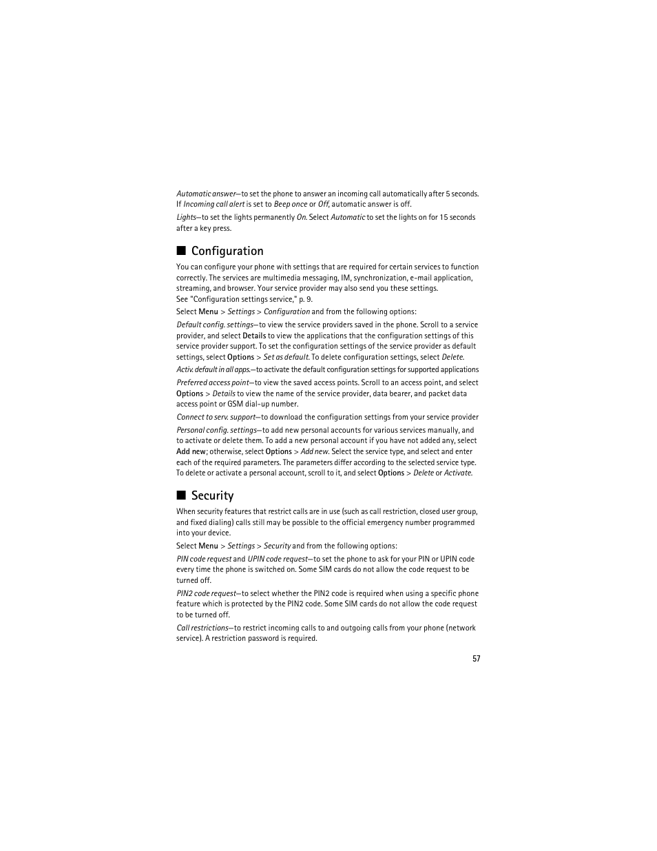 Security," p. 57, E "security," p. 57, P. 57, and | Configuration," p. 57, Configuration, P. 57, And "configuration, Security | Nokia 8600 Luna User Manual | Page 90 / 201