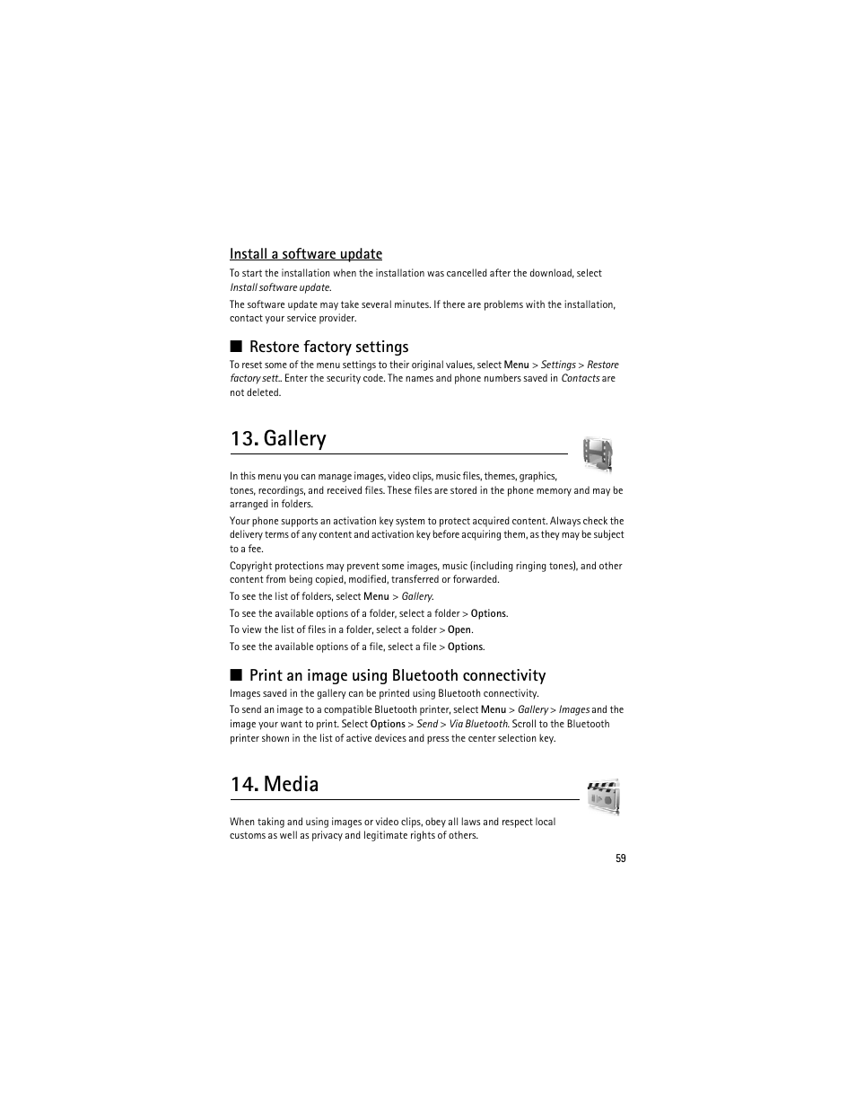 Gallery, Media, Restore factory settings | Print an image using bluetooth connectivity | Nokia 8600 Luna User Manual | Page 92 / 201