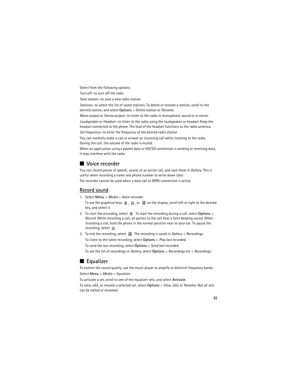 Voice recorder, P. 63, Equalizer | Record sound | Nokia 8600 Luna User Manual | Page 96 / 201