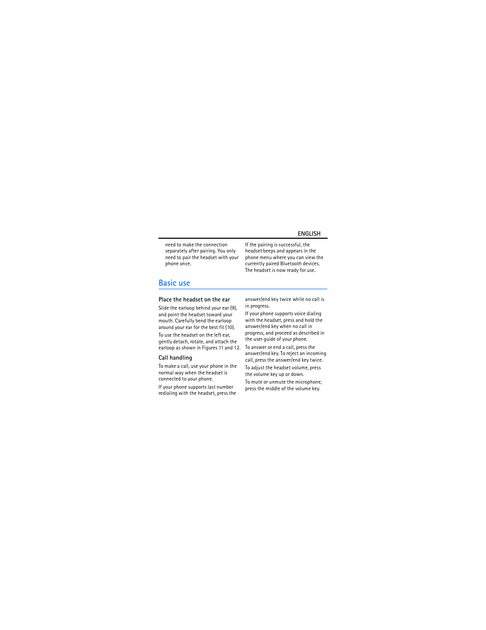 Basic use, Place the headset on the ear, Call handling | Nokia Bluetooth Headset BH-208 User Manual | Page 6 / 9