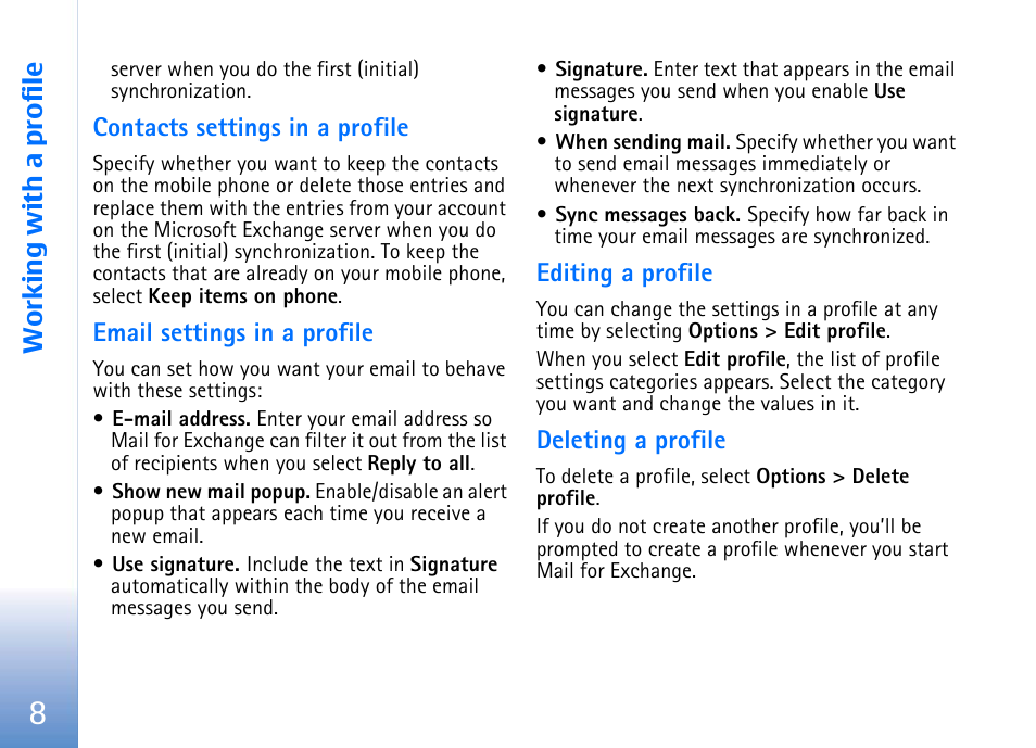 Contacts settings in a profile, Email settings in a profile, Editing a profile | Deleting a profile, Working with a profile | Nokia E62 User Manual | Page 10 / 16