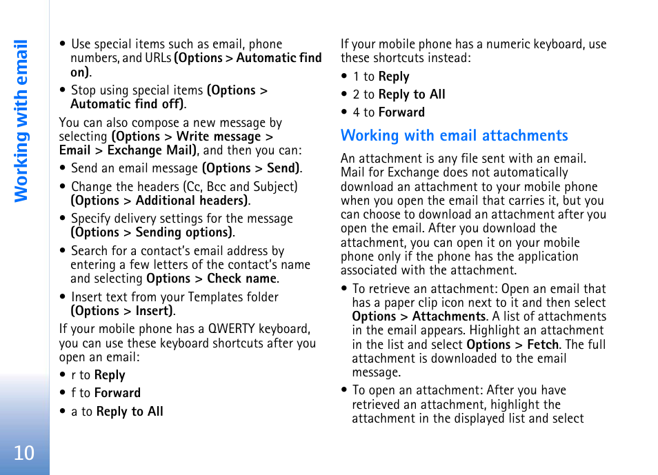 Working with email attachments, Working with email | Nokia E62 User Manual | Page 12 / 16