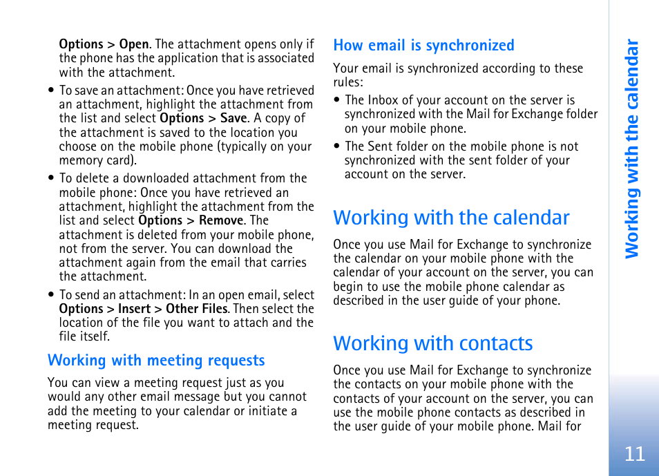 Working with meeting requests, How email is synchronized, Working with the calendar | Working with contacts | Nokia E62 User Manual | Page 13 / 16