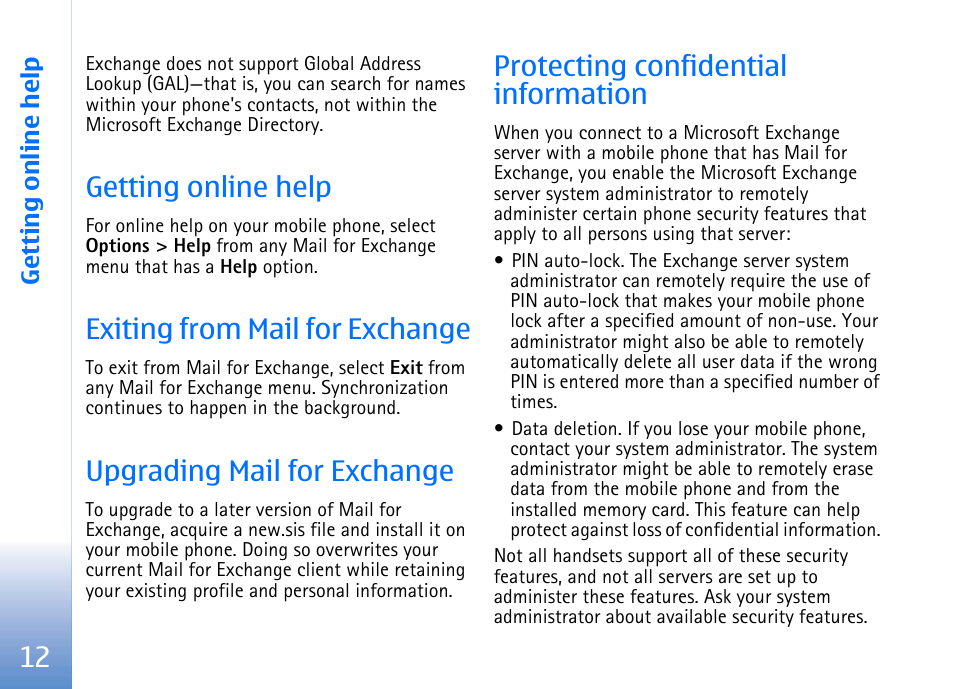 Getting online help, Exiting from mail for exchange, Upgrading mail for exchange | Protecting confidential information | Nokia E62 User Manual | Page 14 / 16