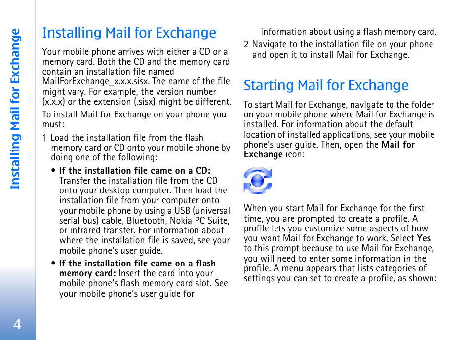 Installing mail for exchange, Starting mail for exchange, 4installing mail for exchange | Nokia E62 User Manual | Page 6 / 16