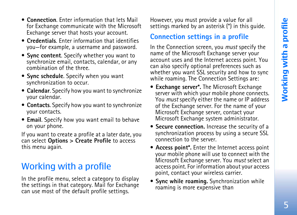 Working with a profile, Connection settings in a profile | Nokia E62 User Manual | Page 7 / 16