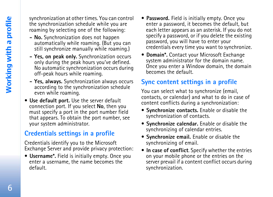 Credentials settings in a profile, Sync content settings in a profile, Working with a profile | Nokia E62 User Manual | Page 8 / 16