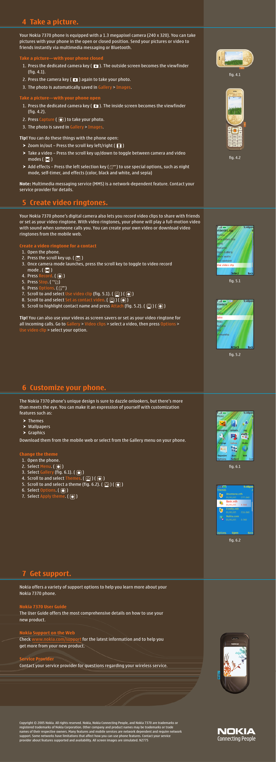 6 customize your phone. 7 get support, 5 create video ringtones. 4 take a picture | Nokia 7370 User Manual | Page 2 / 2