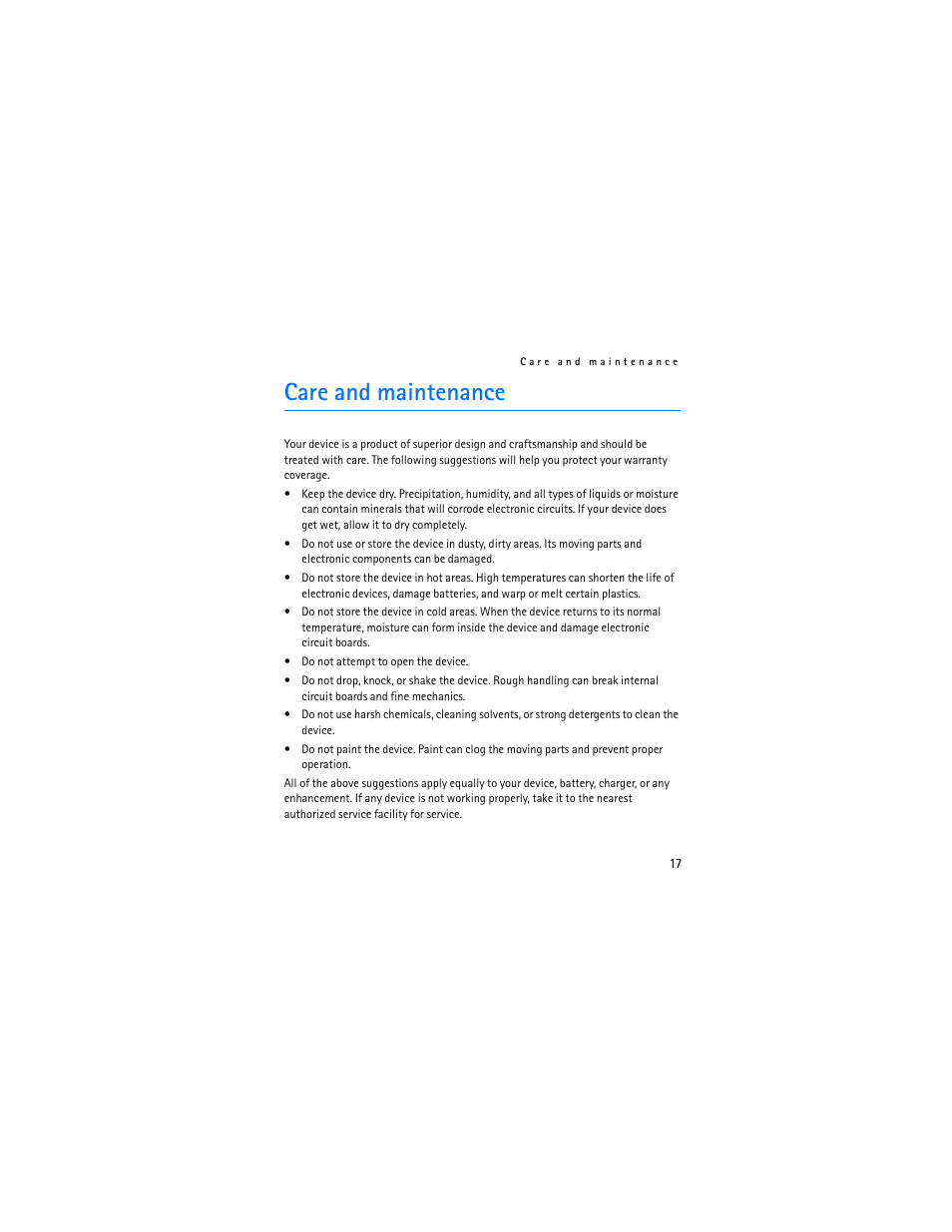 Care and maintenance | Nokia Bluetooth Headset BH-803 User Manual | Page 17 / 18