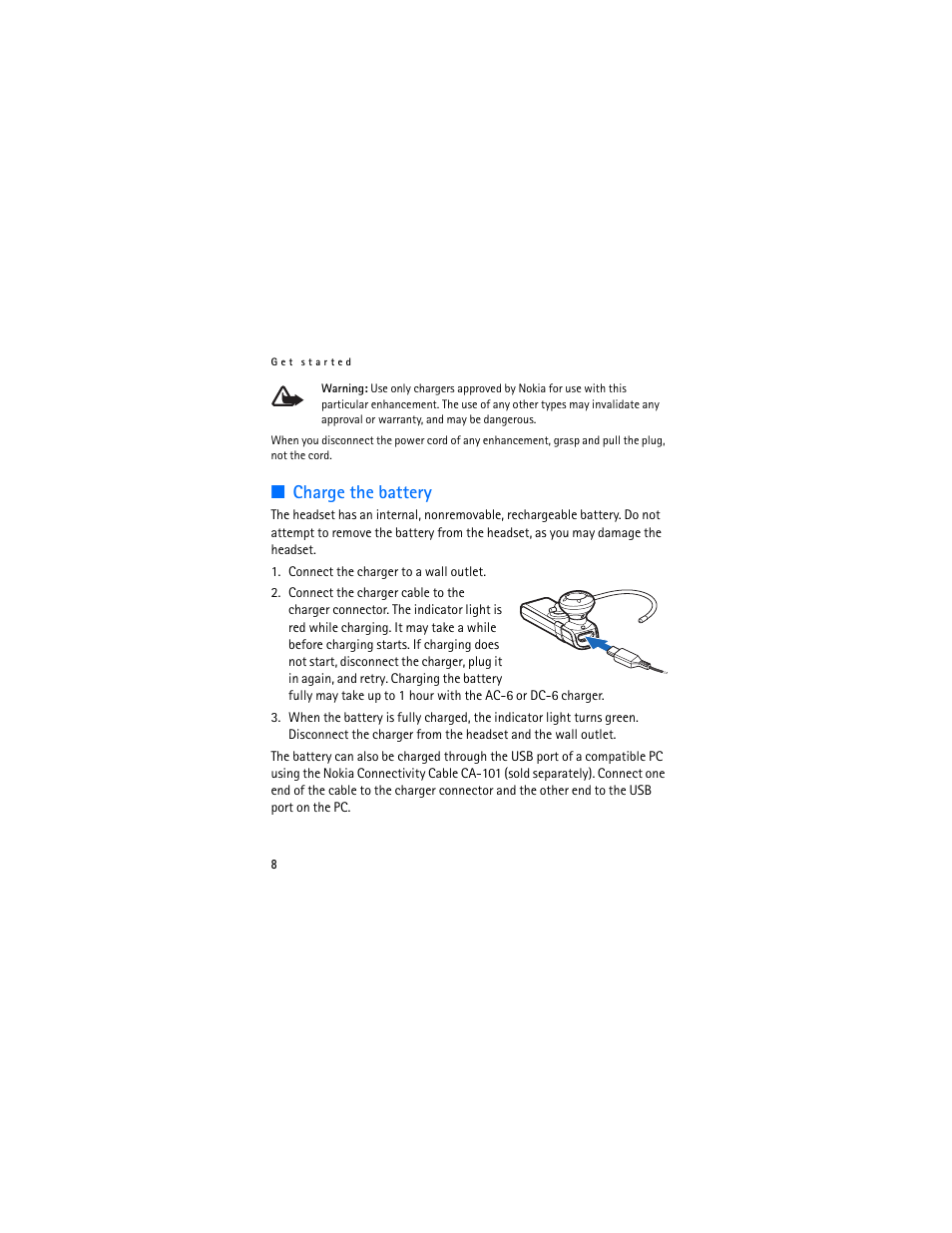 Charge the battery | Nokia Bluetooth Headset BH-803 User Manual | Page 8 / 18