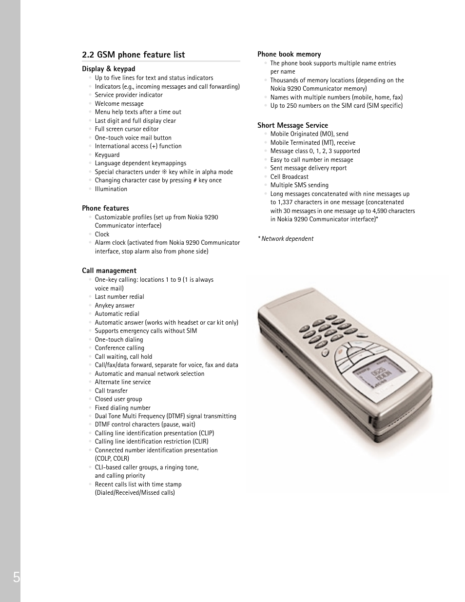 2 gsm phone feature list | Nokia 9290 User Manual | Page 8 / 48