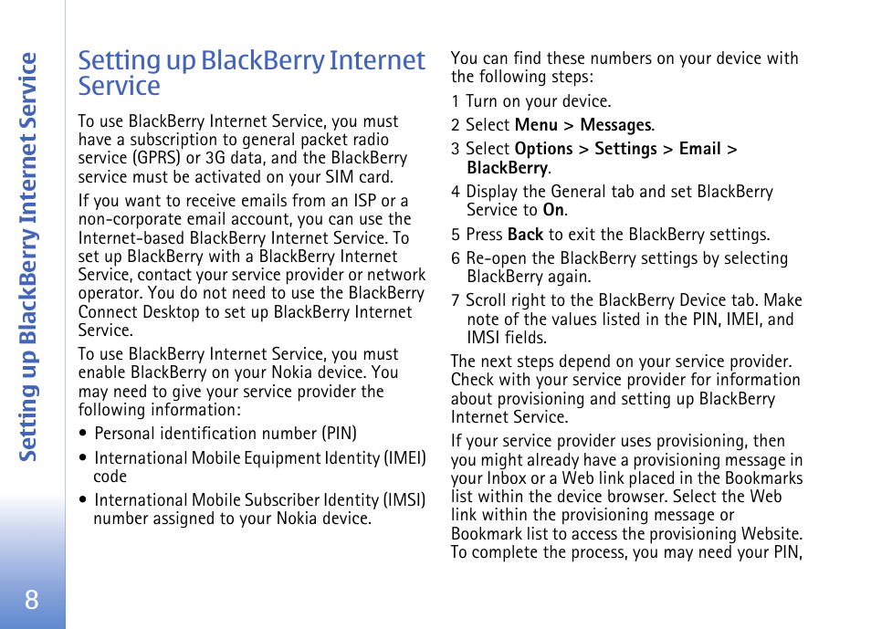 Setting up blackberry internet service, 8setting up blackberry internet service | Nokia E62 User Manual | Page 10 / 18
