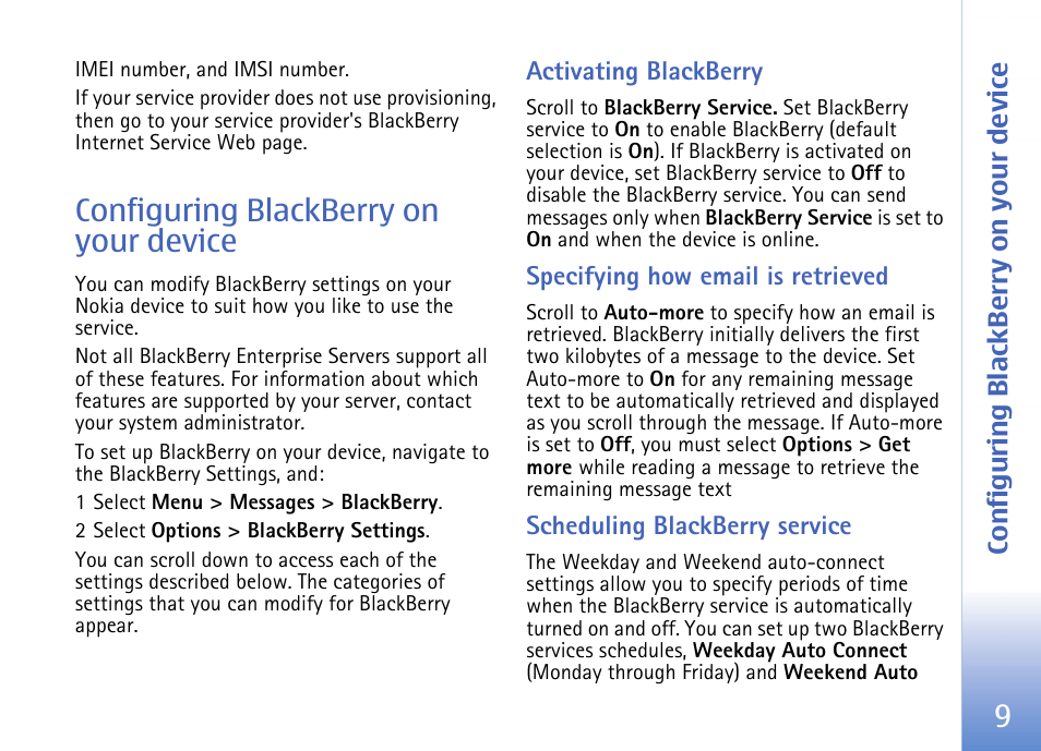 Configuring blackberry on your device, Activating blackberry, Specifying how email is retrieved | Scheduling blackberry service | Nokia E62 User Manual | Page 11 / 18