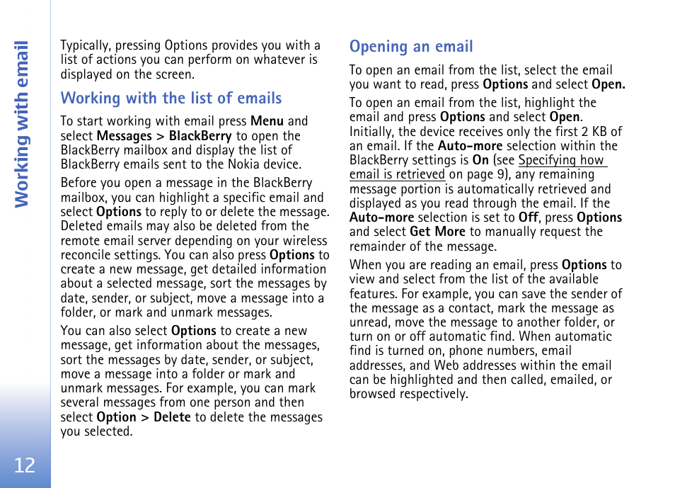 Working with the list of emails, Opening an email, Working with email | Nokia E62 User Manual | Page 14 / 18